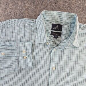 Stafford Travel Shirt Mens 17 1/2 34-35 Blue Striped Check Easy Care Broadcloth